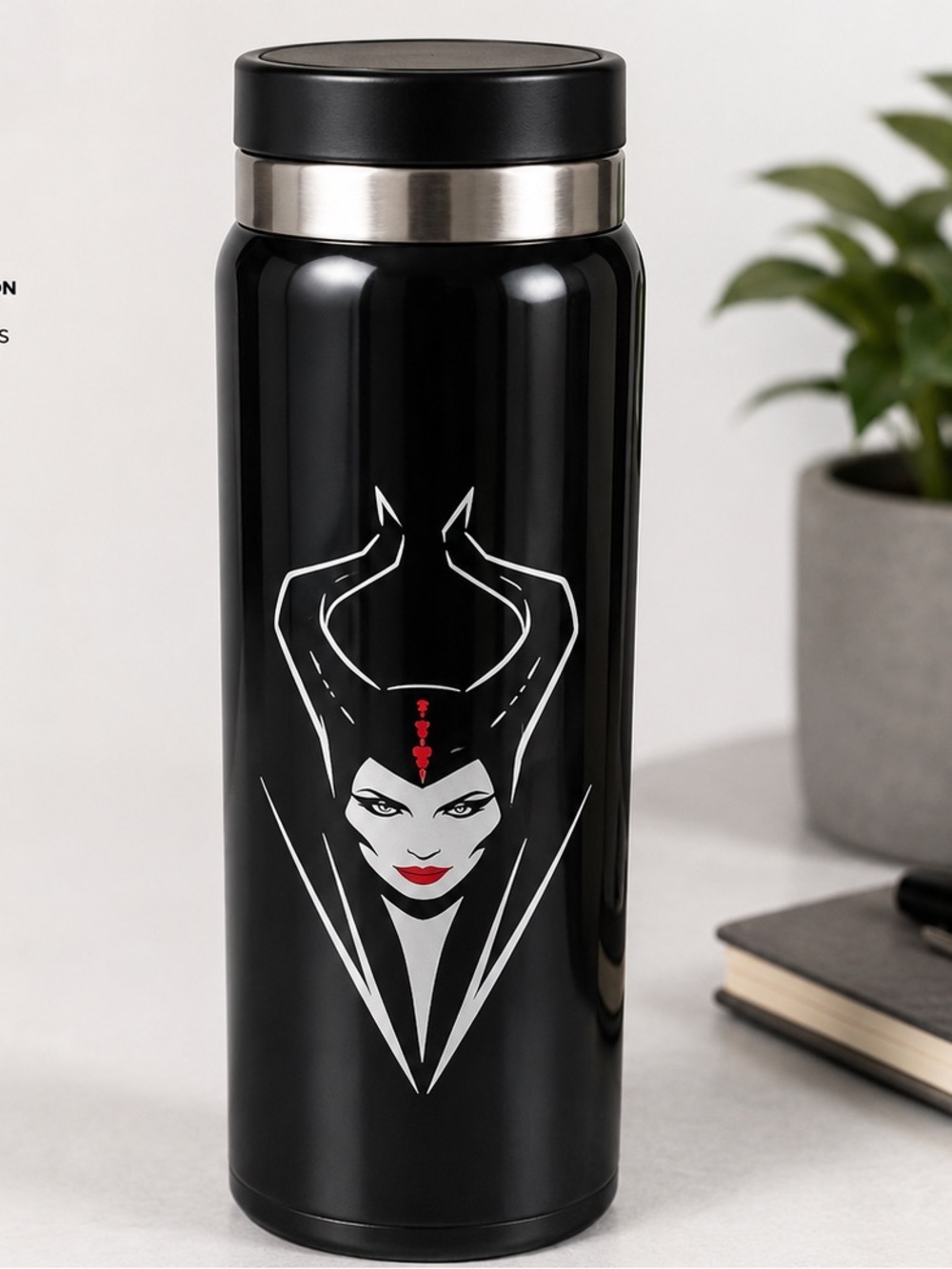 Disney Black Maleficent Stainless Steel Water Bottle with White and Red Artwork